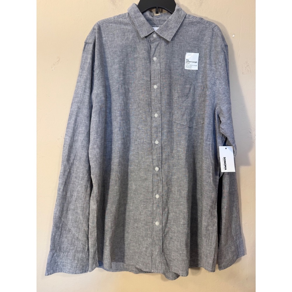 Sonoma Shirt Men XL Tall Gray Linen Blend The Perfect Length Button Travel NEW
